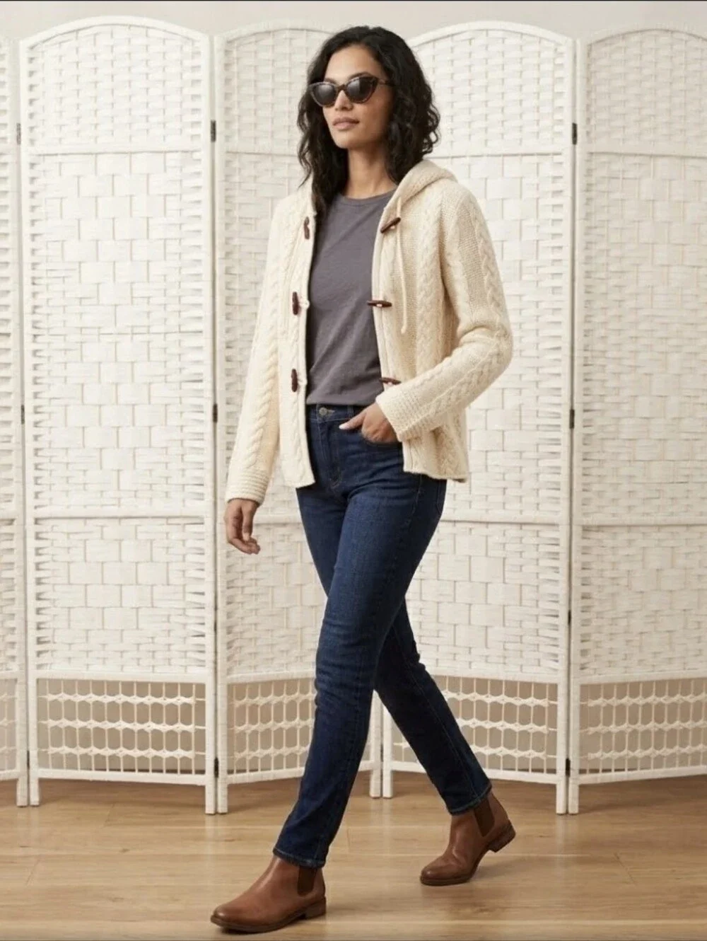 💙Banana Republic 100% Lambswool Hooded Cable Knit Sweater Cream 🤍LARGE